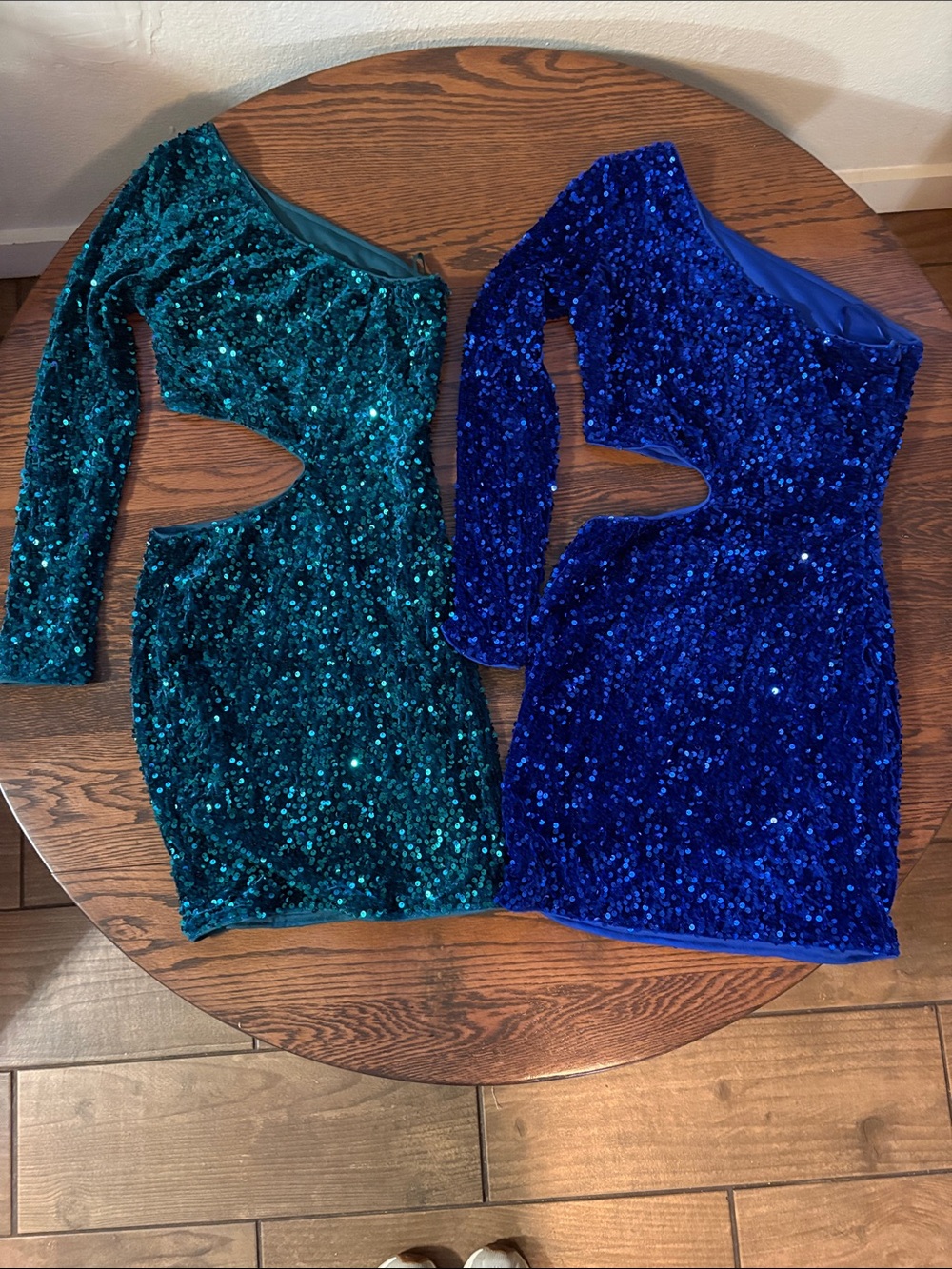 Two Woman’s  Sequin One-Shoulder Cutout Dress - Teal and Royal Blue